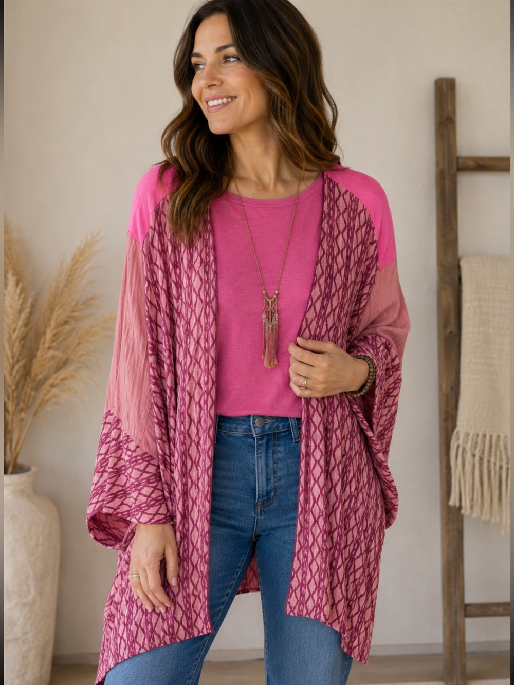 Audrey Kimono Duster Cardigan Lightweight Burgundy/PinkOpen Front Med Oversized